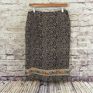 Silk Collection Tan Animal Print Silk Beaded Floral Hem Skirt